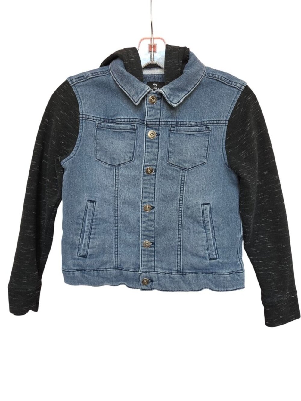 Art Class Kids Denim Jacket With Knit Sleeves & Hood M 8/10